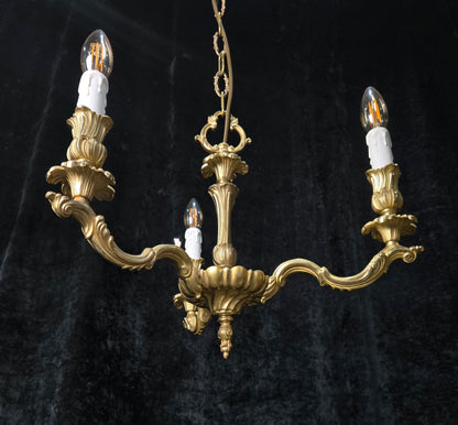 Traditional Antique French Solid Brass 3 Arm Rococo Style Chandelier Light