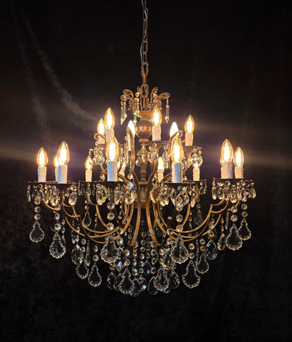 Fabulous Large Vintage Italian 12 Arm 18 Light Brass Crystal Leaf Chandelier