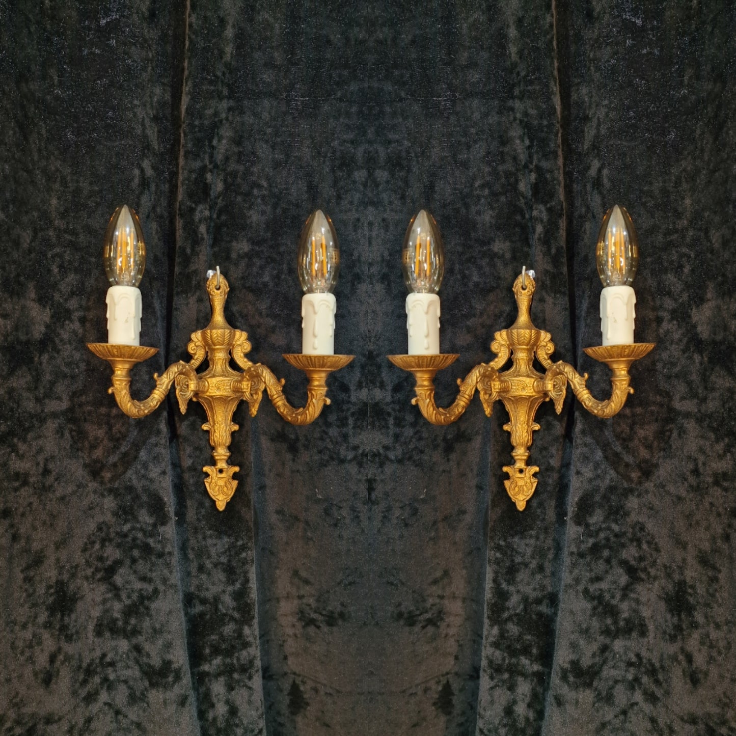 Lovely Pair of Vintage Gilded Spelter 2 Arm Wall Lights Sconces