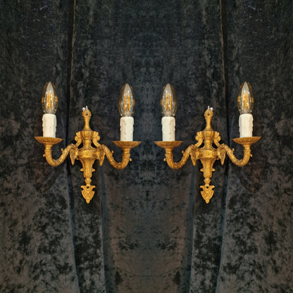 Lovely Pair of Vintage Gilded Spelter 2 Arm Wall Lights Sconces