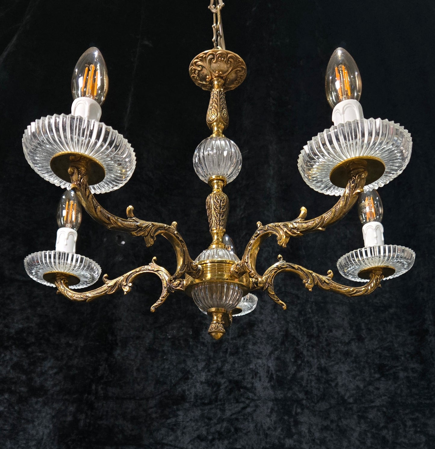 Classical Vintage 5 Arm Brass and Glass Chandelier Ceiling Light