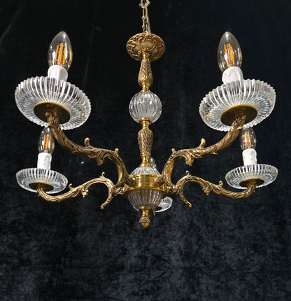 Classical Vintage 5 Arm Brass and Glass Chandelier Ceiling Light