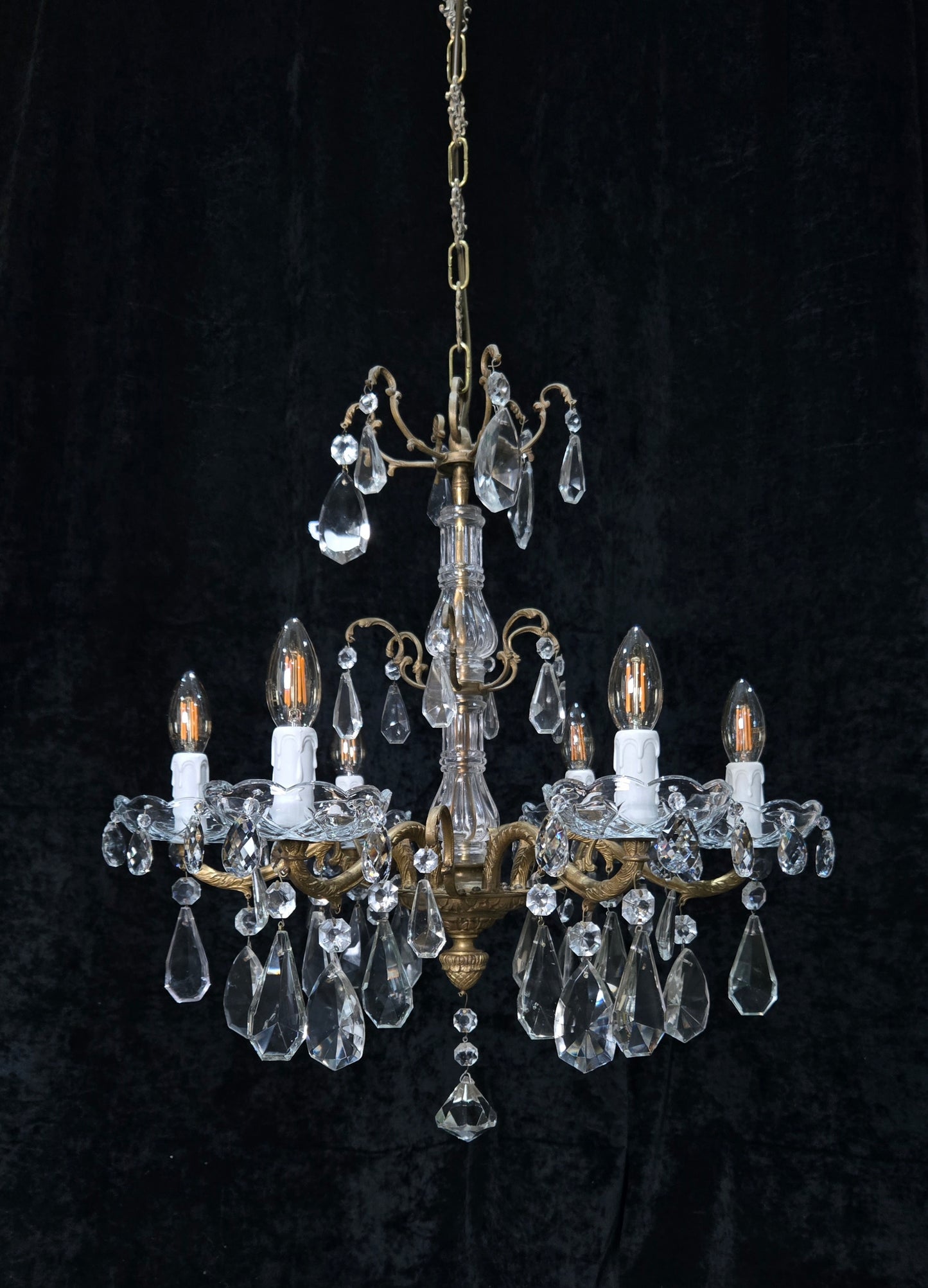 Fabulous Antique French 6 Arm Brass 2 Tier Crystal Chandelier Ceiling Light