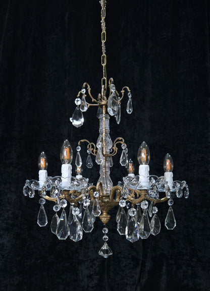 Fabulous Antique French 6 Arm Brass 2 Tier Crystal Chandelier Ceiling Light