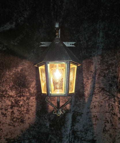 Traditional Antique Wrought Iron Starburst Cut Glass Outdoor Wall Lantern Light
