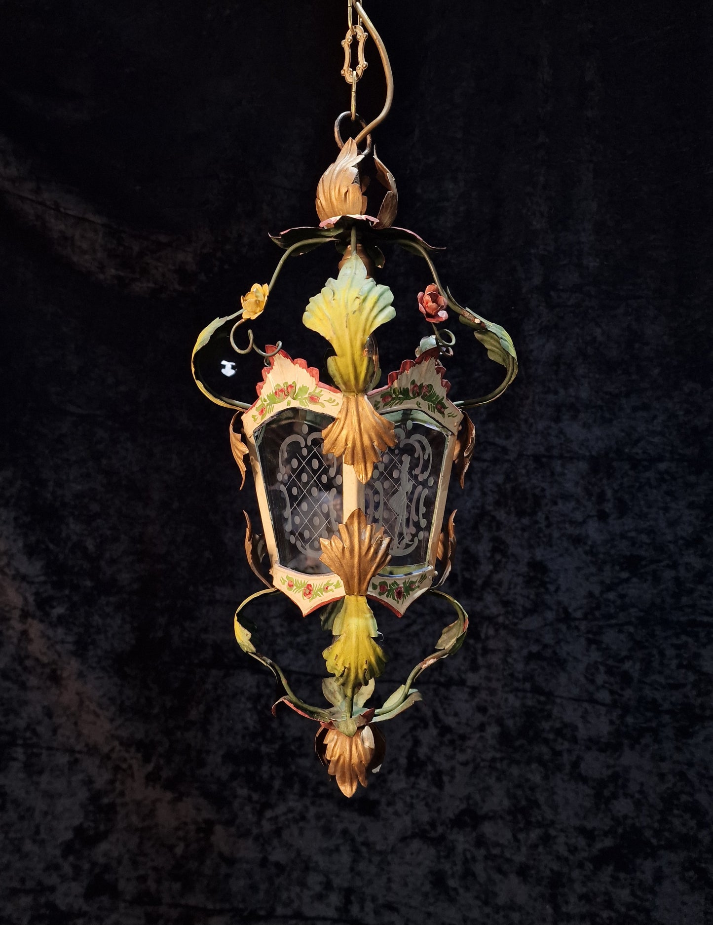 Florentine Vintage Italian Hand Painted Toleware Iron Lantern Ceiling Light