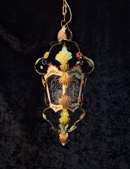 Florentine Vintage Italian Hand Painted Toleware Iron Lantern Ceiling Light