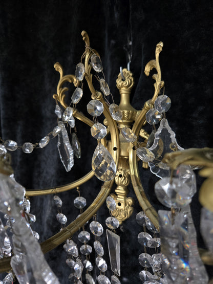 Superb Pair Large Vintage Italian Gilded Brass 3 Arm Candle Crystal Wall Lights