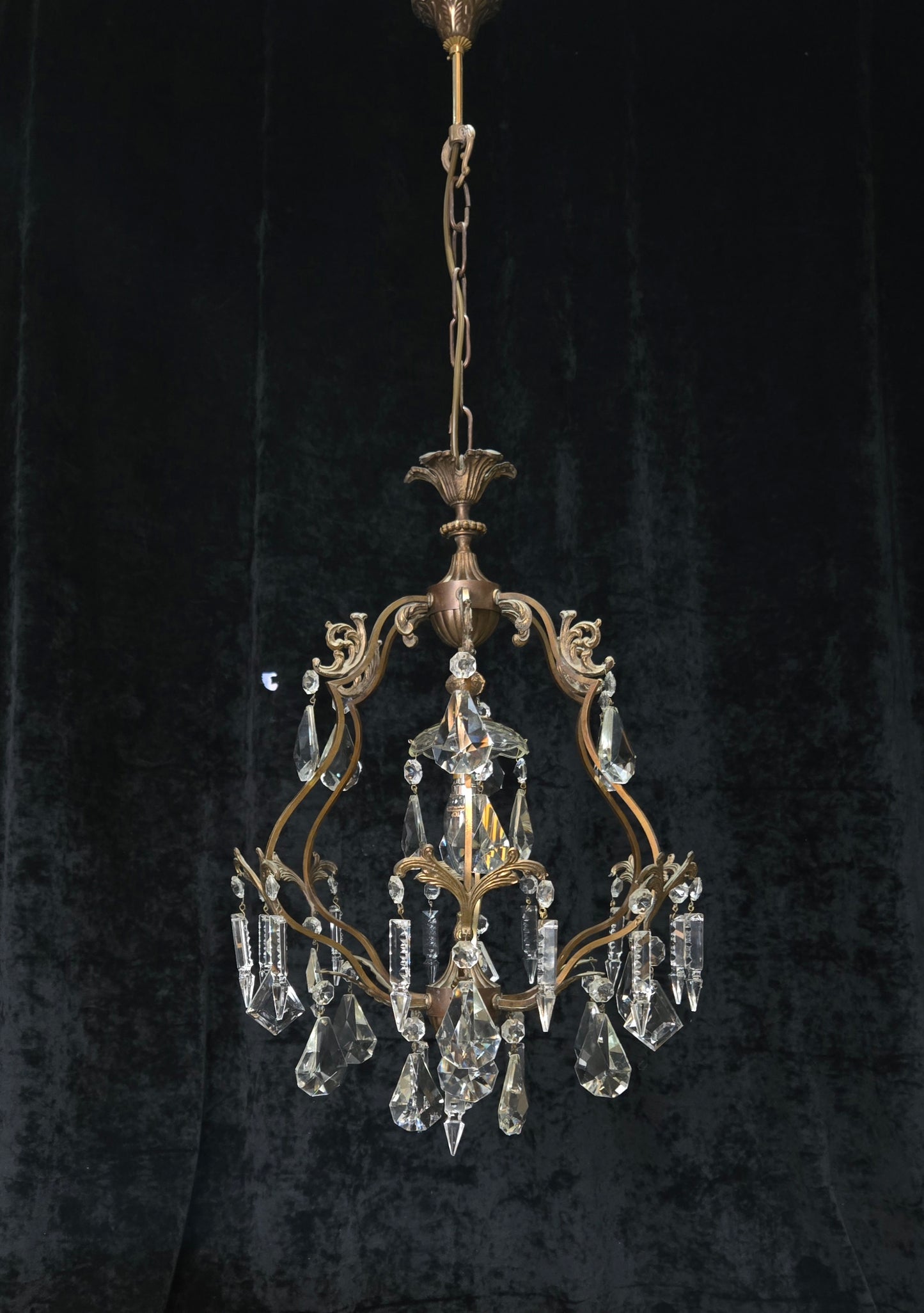 Elegant Vintage Italian 1 Light Cage Crystal Brass Chandelier Ceiling Light