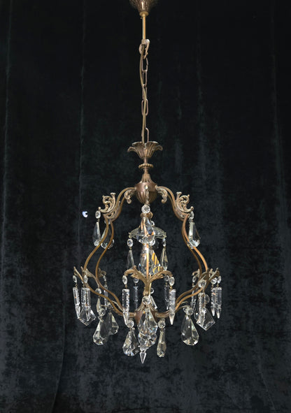 Elegant Vintage Italian 1 Light Cage Crystal Brass Chandelier Ceiling Light