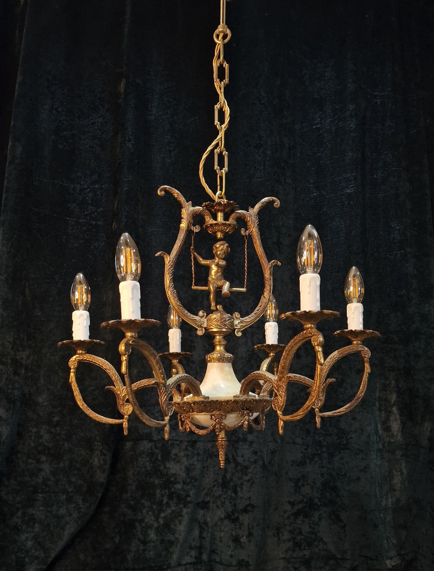 Fabulous Vintage Spanish Heavy Gilded Spelter 6 Arm Cherub Chandelier Light