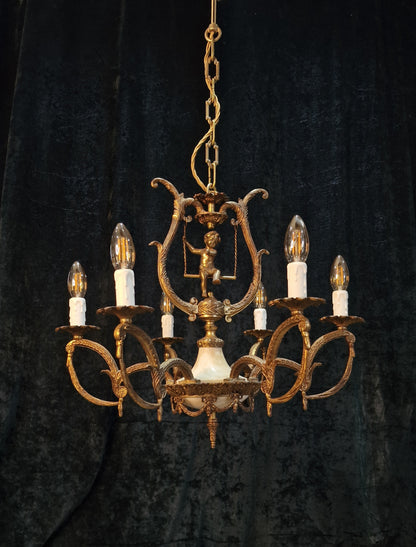 Fabulous Vintage Spanish Heavy Gilded Spelter 6 Arm Cherub Chandelier Light