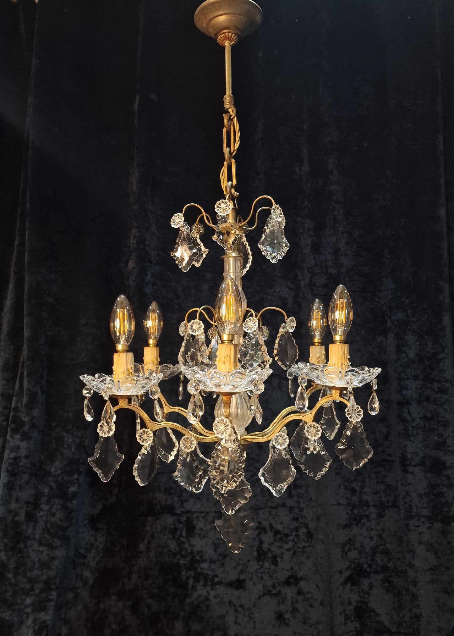 Gorgeous Antique French 6 Arm 2 Tier Brass and Crystal Chandelier Ceiling Light