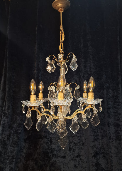 Gorgeous Antique French 6 Arm 2 Tier Brass and Crystal Chandelier Ceiling Light