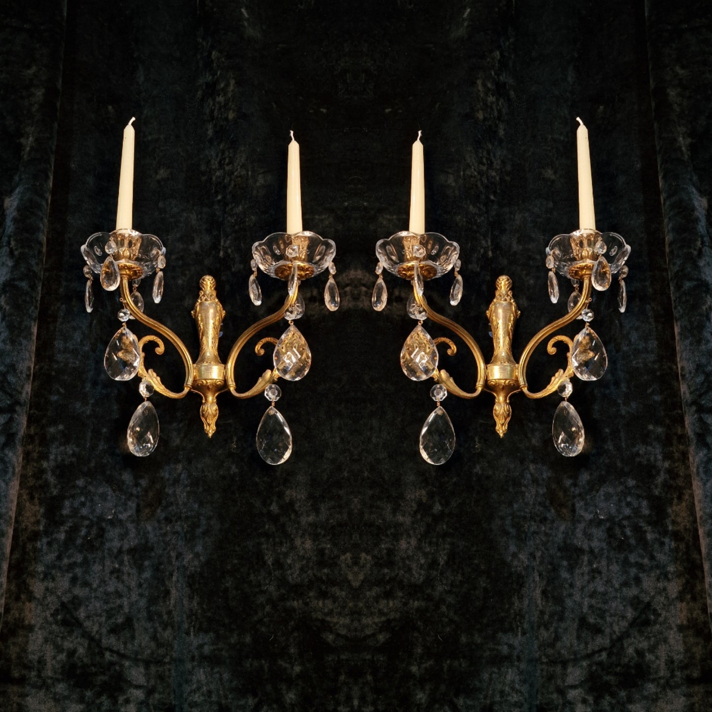 Elegant Pair Antique French 2 Arm Leaf Candle Crystal Brass Wall Lights Sconces