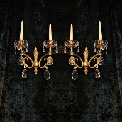 Elegant Pair Antique French 2 Arm Leaf Candle Crystal Brass Wall Lights Sconces