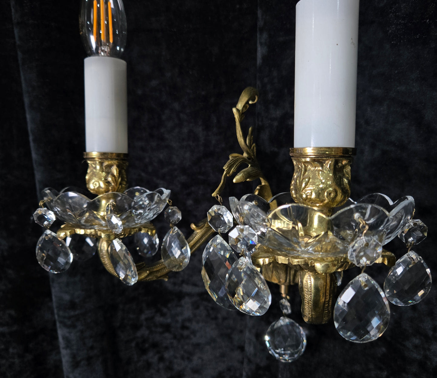 Fabulous Pair of Heavy Brass Vintage French 2 Arm Crystal Wall Lights Sconces