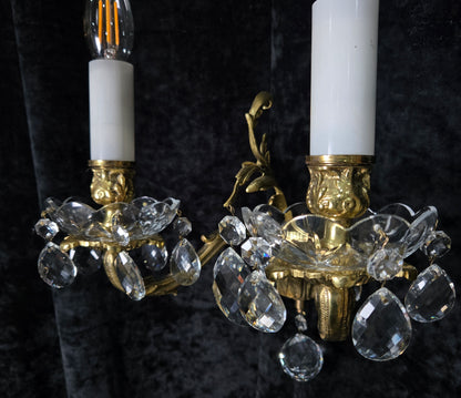 Fabulous Pair of Heavy Brass Vintage French 2 Arm Crystal Wall Lights Sconces
