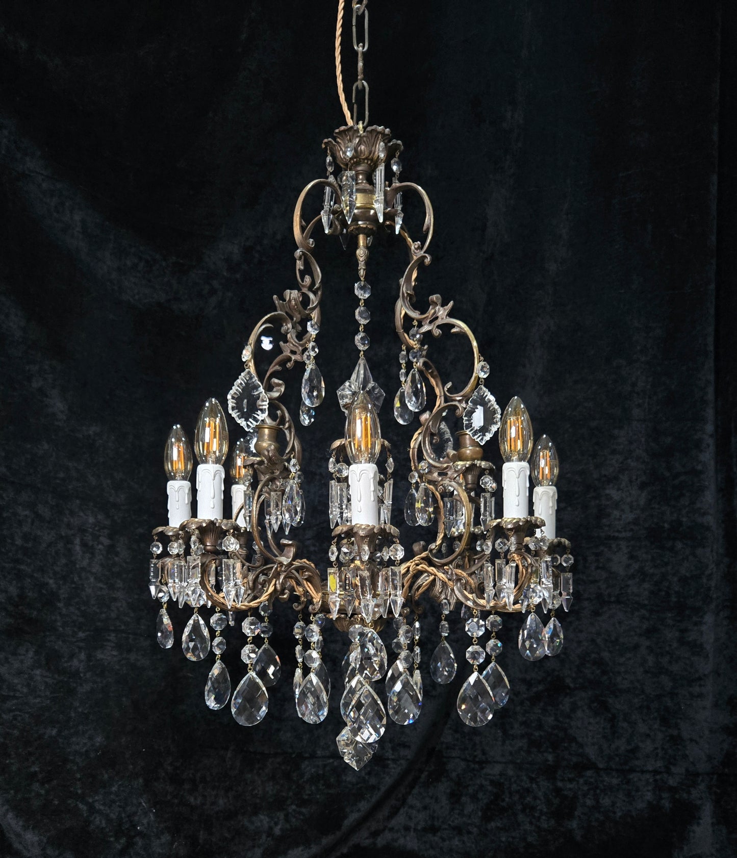 Fabulous Antique Italian 8 Arm 4 Candle Cage Brass Crystal Chandelier Light
