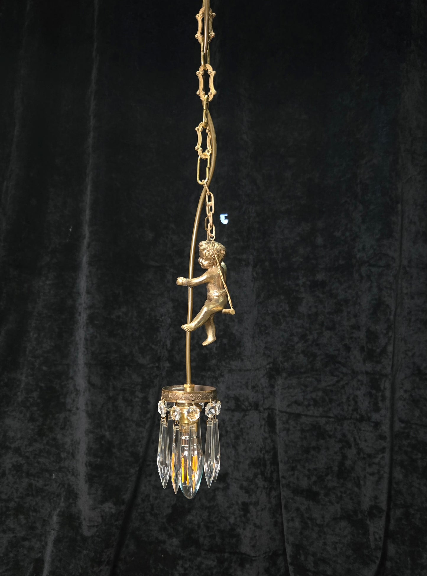Beautiful Petite Vintage French Brass Cherub Crystal Chandelier Ceiling Light