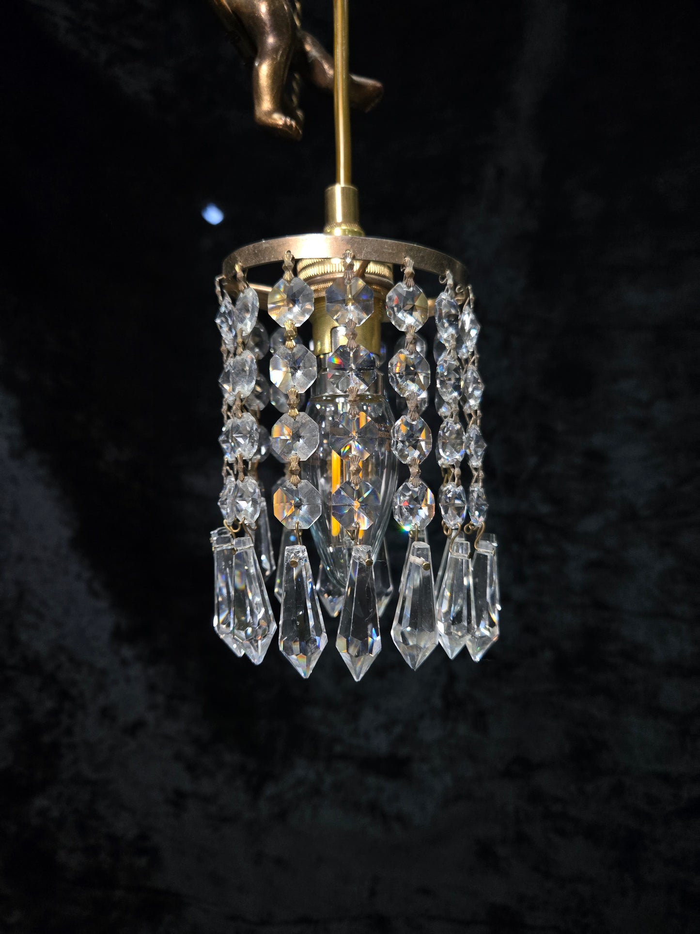 Beautiful Petite Vintage French Brass Cherub Crystal Chandelier Ceiling Light
