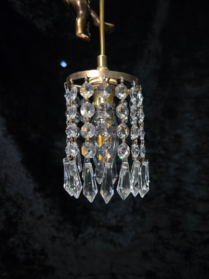 Beautiful Petite Vintage French Brass Cherub Crystal Chandelier Ceiling Light