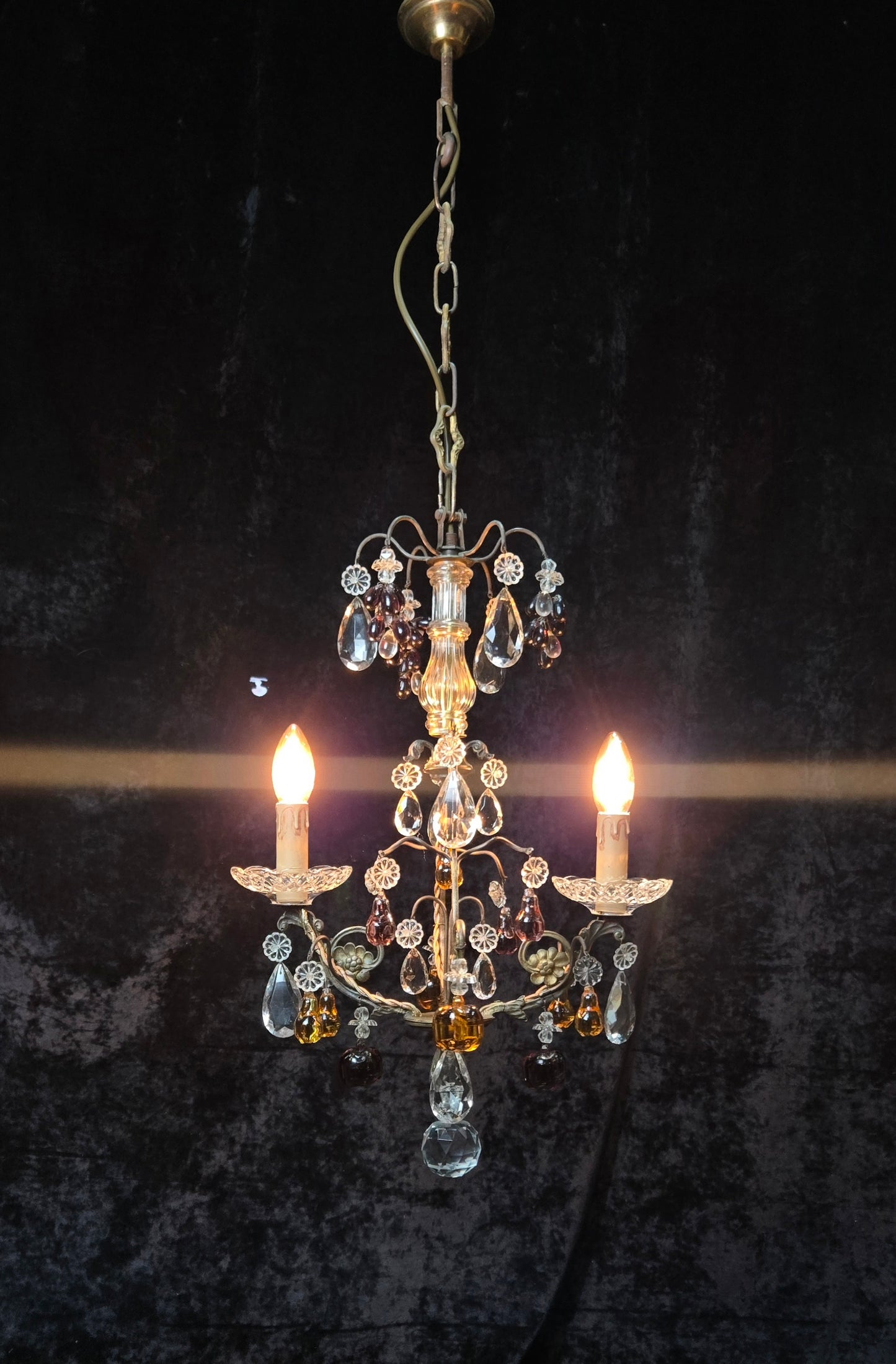 Exquisite Antique French 2 Arm Caged Murano Crystal Brass Chandelier Light