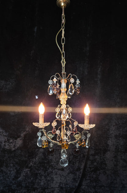 Exquisite Antique French 2 Arm Caged Murano Crystal Brass Chandelier Light