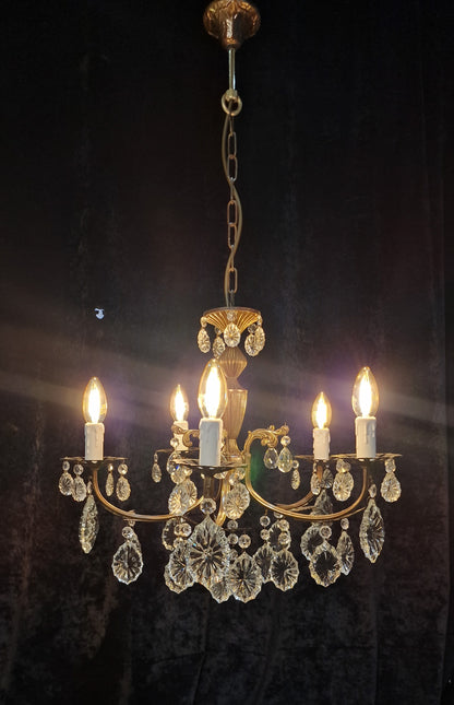 Beautiful Elegant Vintage Italian 5 Arm Brass Crystal Chandelier Ceiling Light