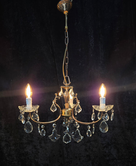 Lovely Vintage Italian 3 Arm Brass Foliage Crystal Chandelier Ceiling Light