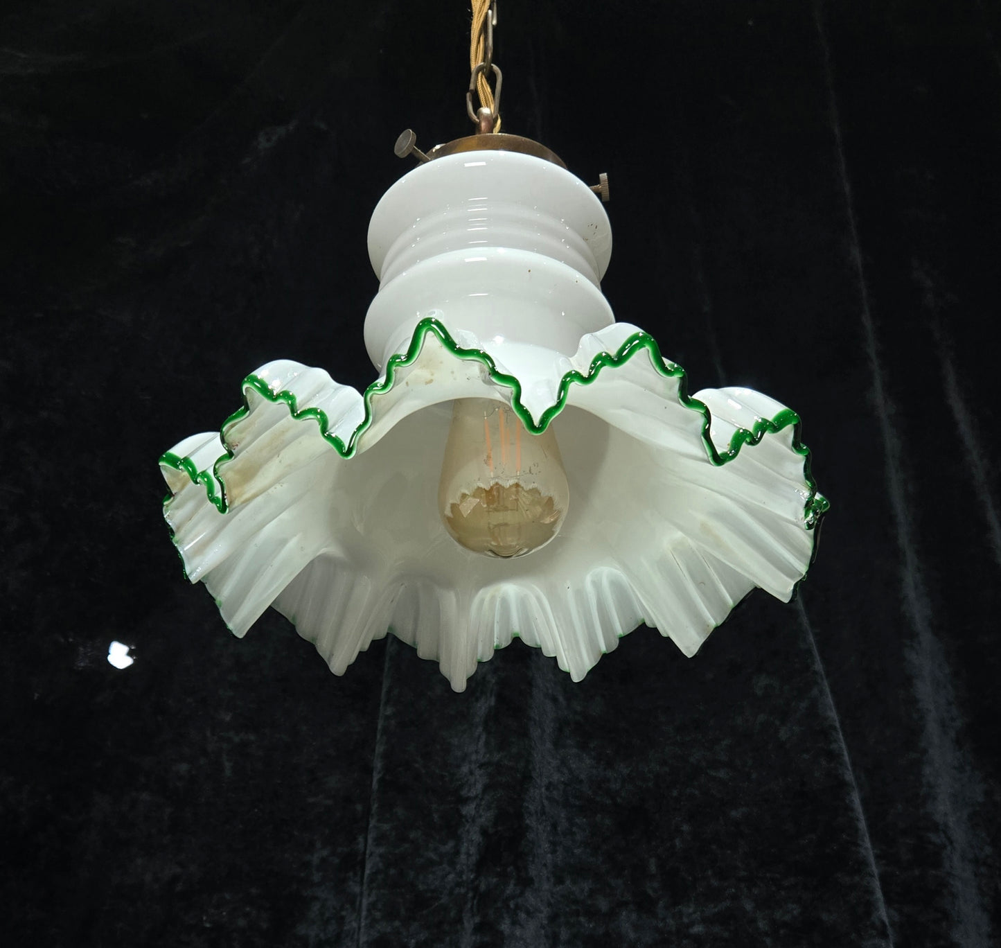 Fabulous Antique French Large Opaline Glass Shade Green Edging Brass Light