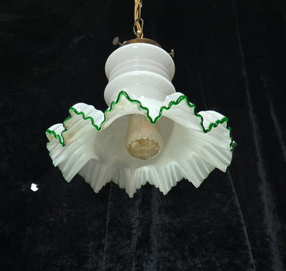 Fabulous Antique French Large Opaline Glass Shade Green Edging Brass Light