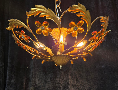 Beautiful Vintage Italian Banci 5 Light Gilded Toleware Flush Ceiling Chandelier
