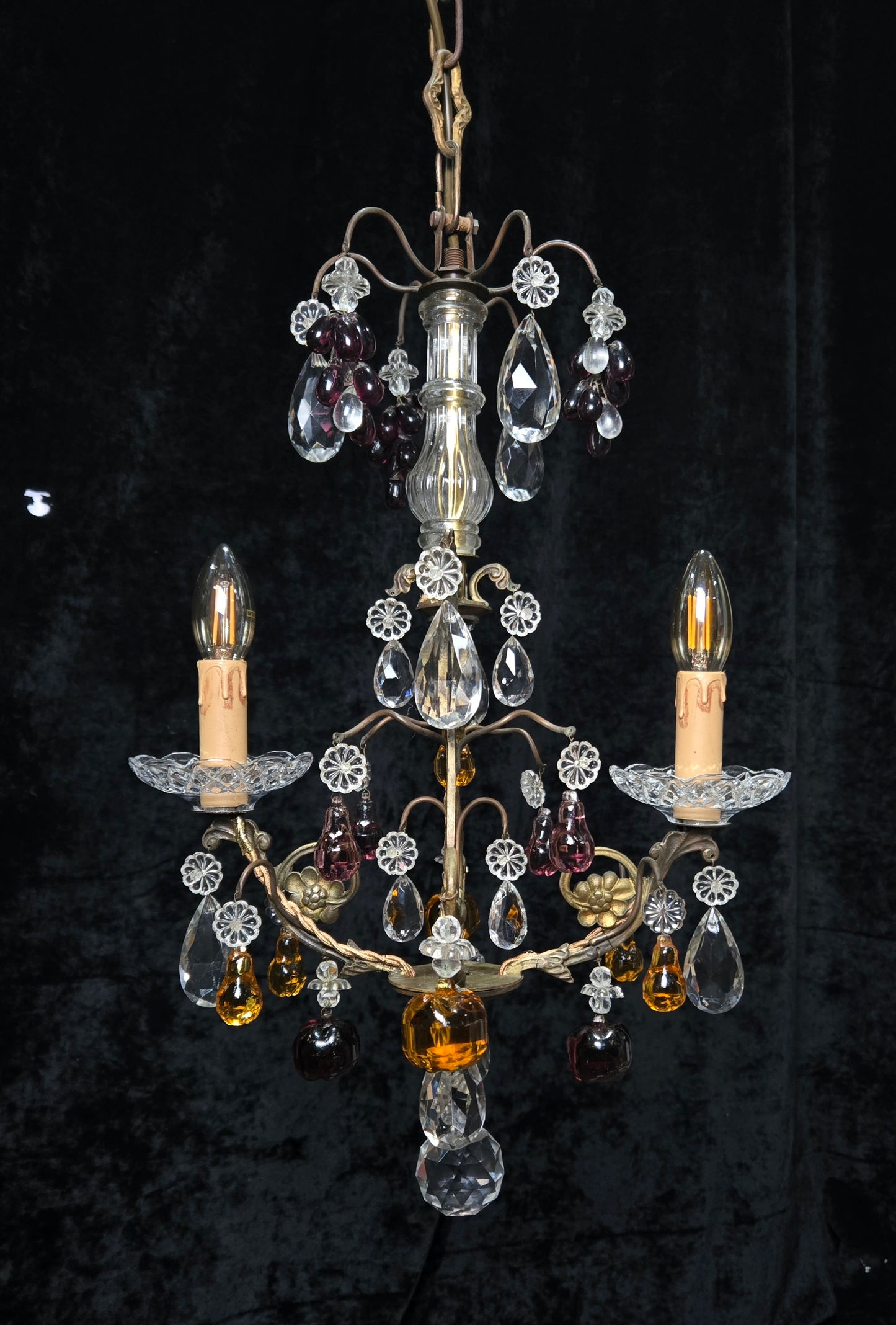 Exquisite Antique French 2 Arm Caged Murano Crystal Brass Chandelier Light