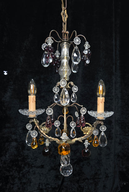 Exquisite Antique French 2 Arm Caged Murano Crystal Brass Chandelier Light