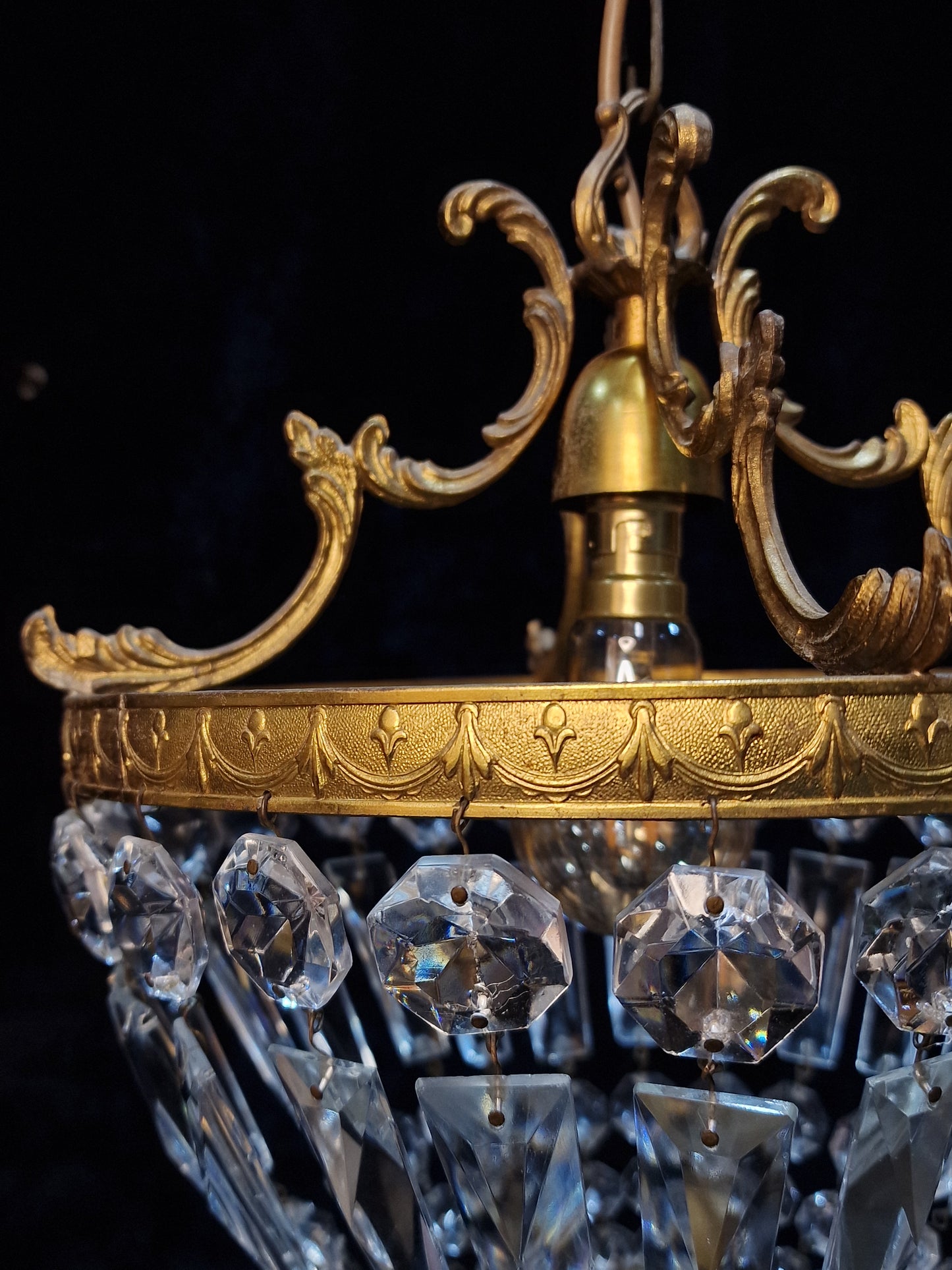 Lovely Vintage French 1 Light Brass Crystal Half Bag Montgolfiere Chandelier