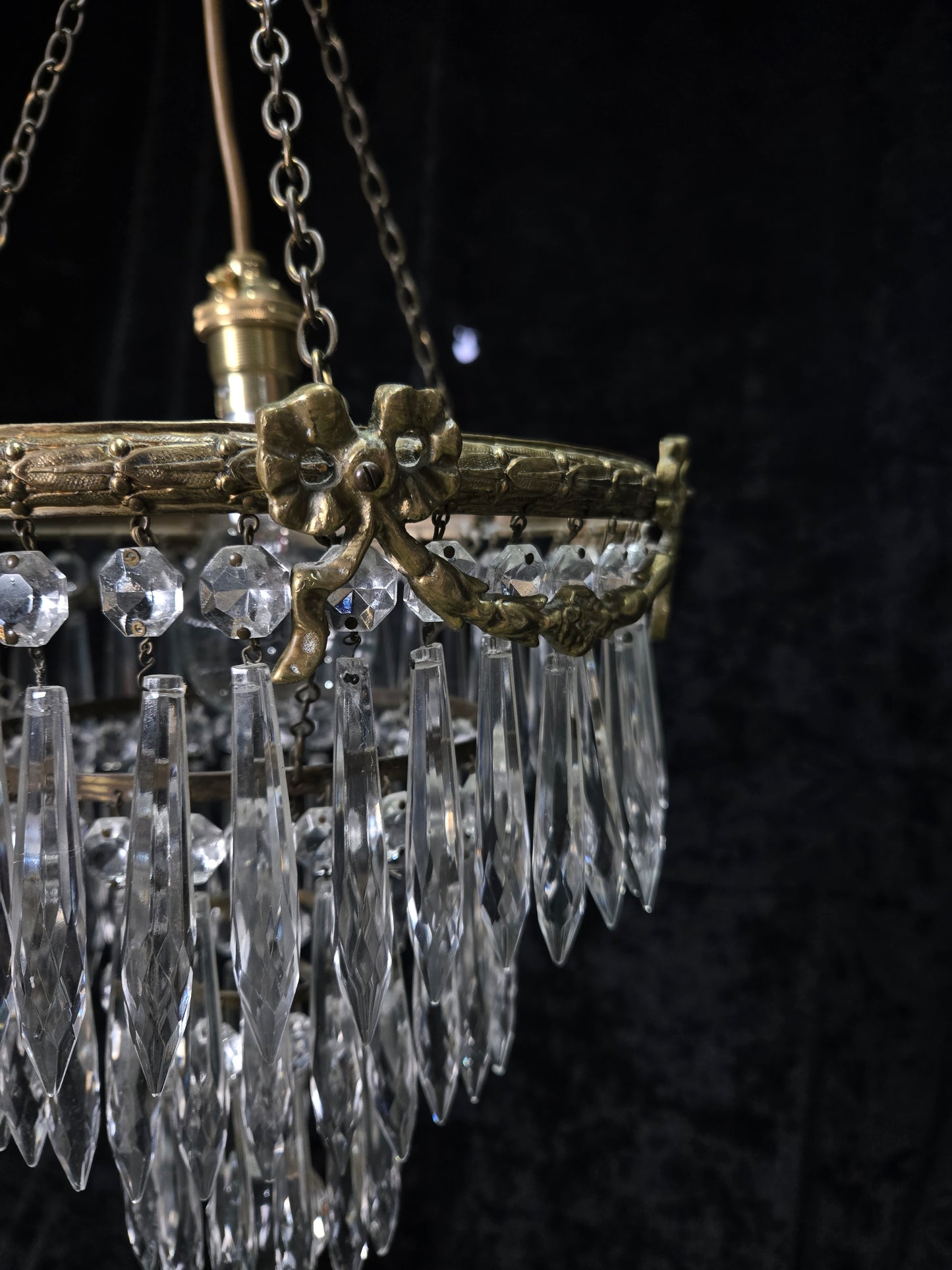 Fabulous Antique French Empire Style Brass Crystal Bows Chandelier Ceiling Light