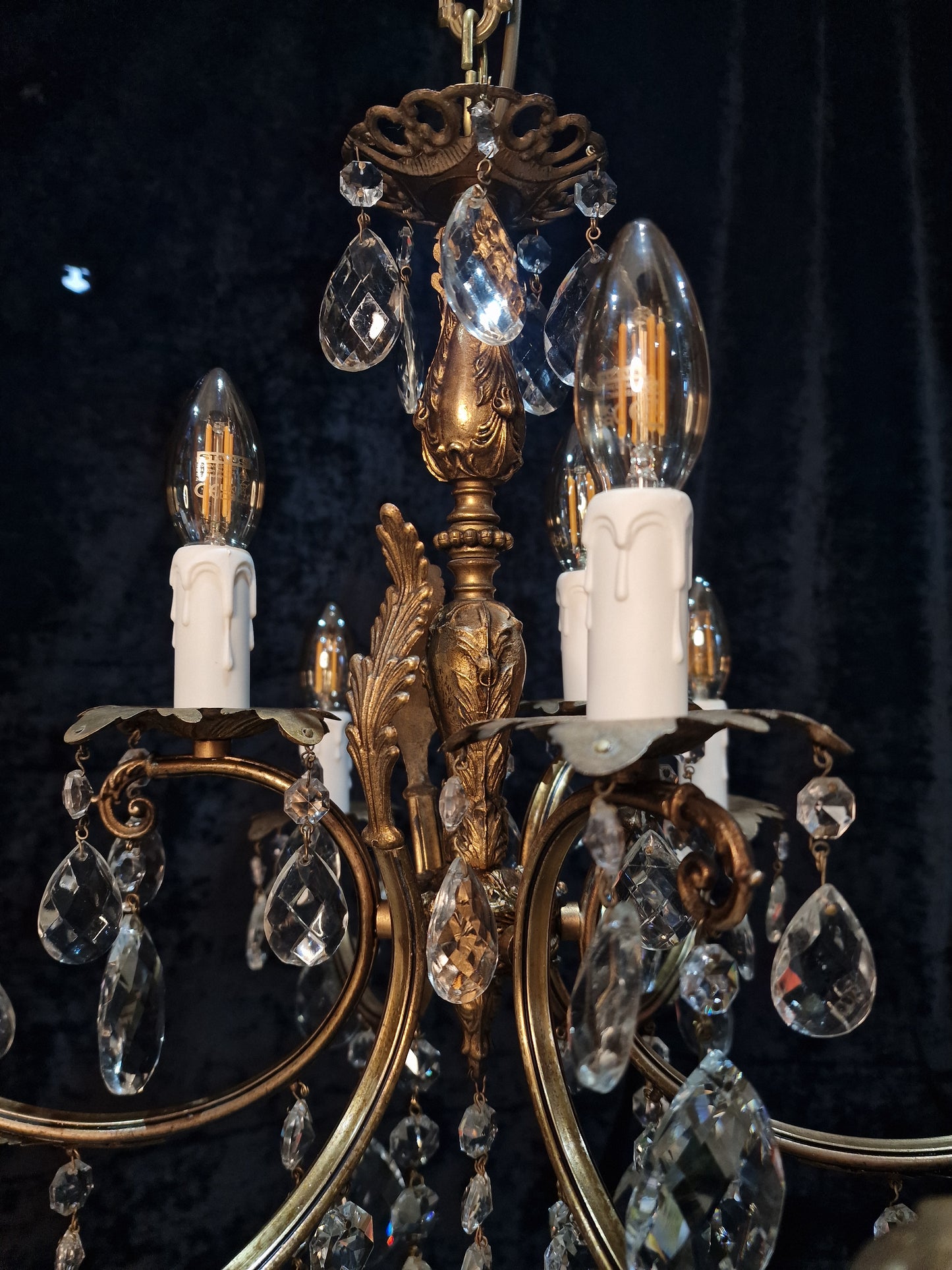Stunning Antique French 6 Arm 9 Light Heavy Brass Crystal Leaf Chandelier