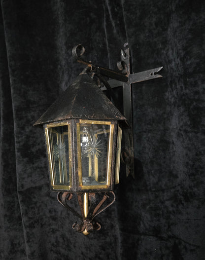 Traditional Antique Wrought Iron Starburst Cut Glass Outdoor Wall Lantern Light