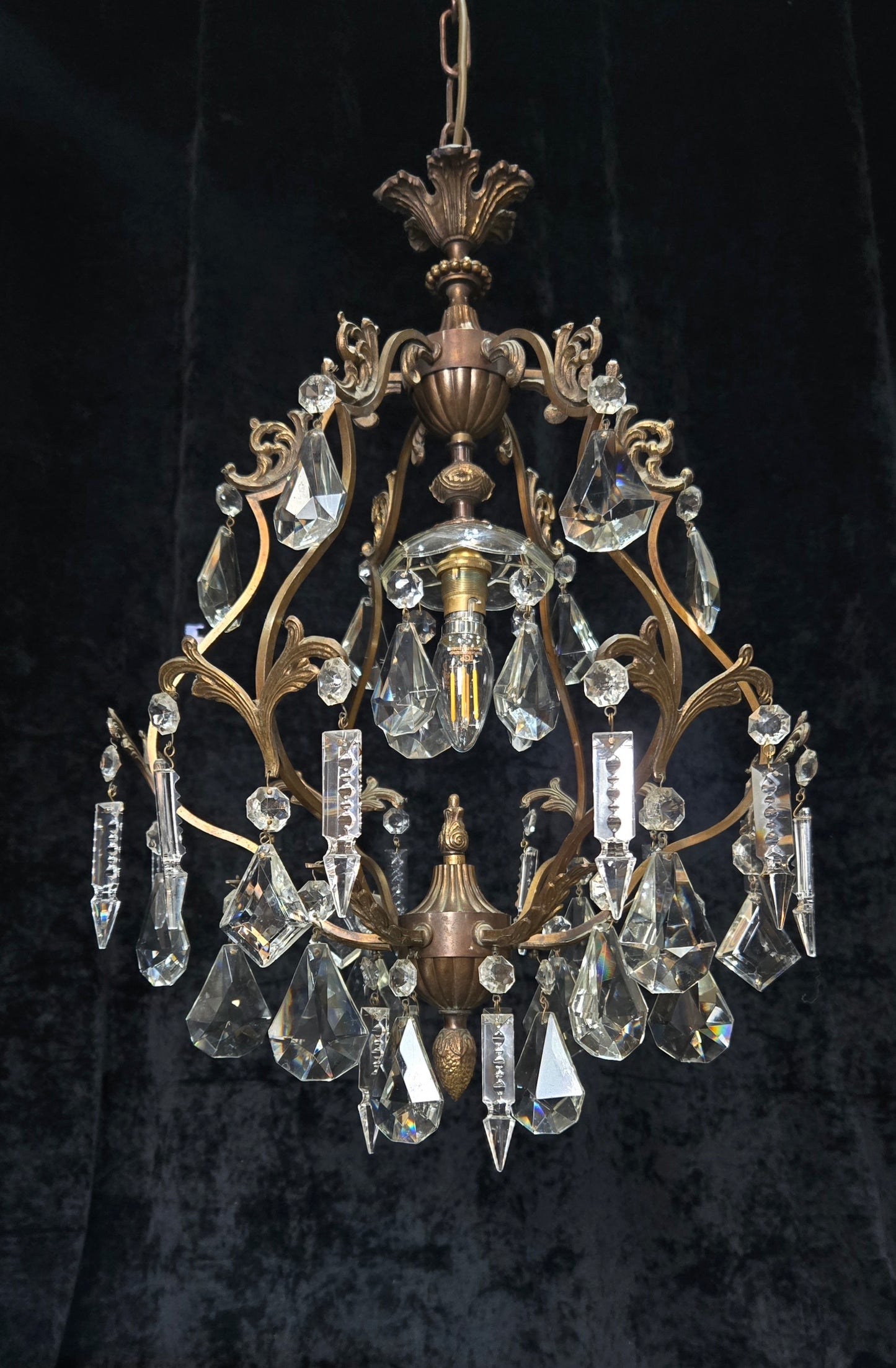 Elegant Vintage Italian 1 Light Cage Crystal Brass Chandelier Ceiling Light