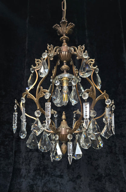 Elegant Vintage Italian 1 Light Cage Crystal Brass Chandelier Ceiling Light