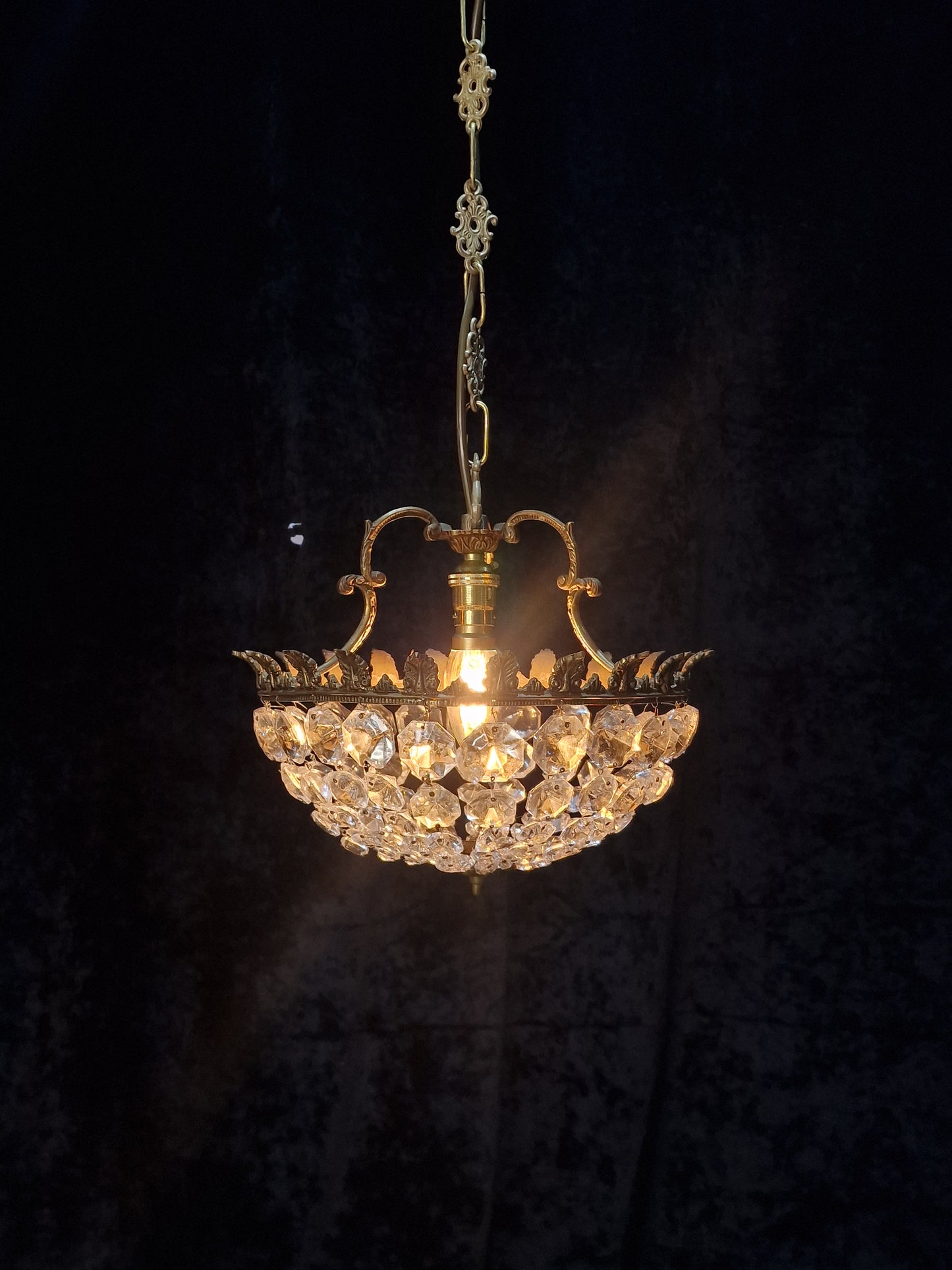 Lovely Vintage French 1 Light Half Bag Crystal Basket Brass Chandelier Light