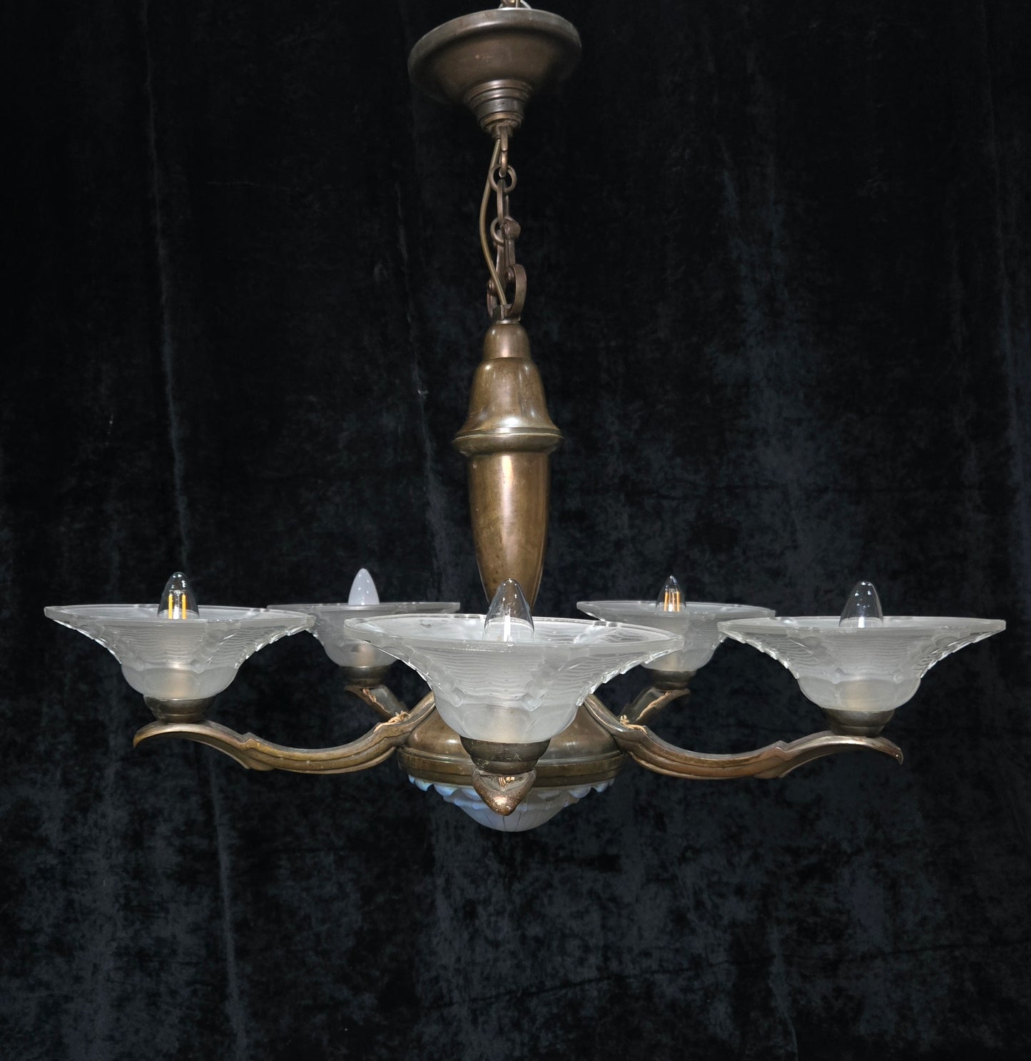 Large Antique French EZAN Art Deco 5 Arm 6 Light Brass Heavy Chandelier Light
