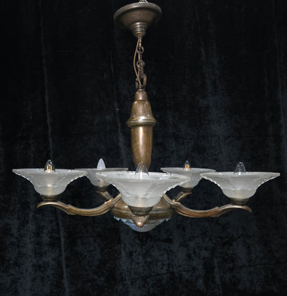 Large Antique French EZAN Art Deco 5 Arm 6 Light Brass Heavy Chandelier Light