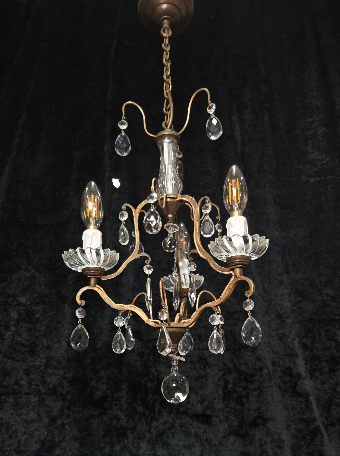 Lovely Petite Antique French 3 Arm Cage Brass Crystal Chandelier Ceiling Light