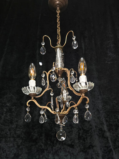 Lovely Petite Antique French 3 Arm Cage Brass Crystal Chandelier Ceiling Light