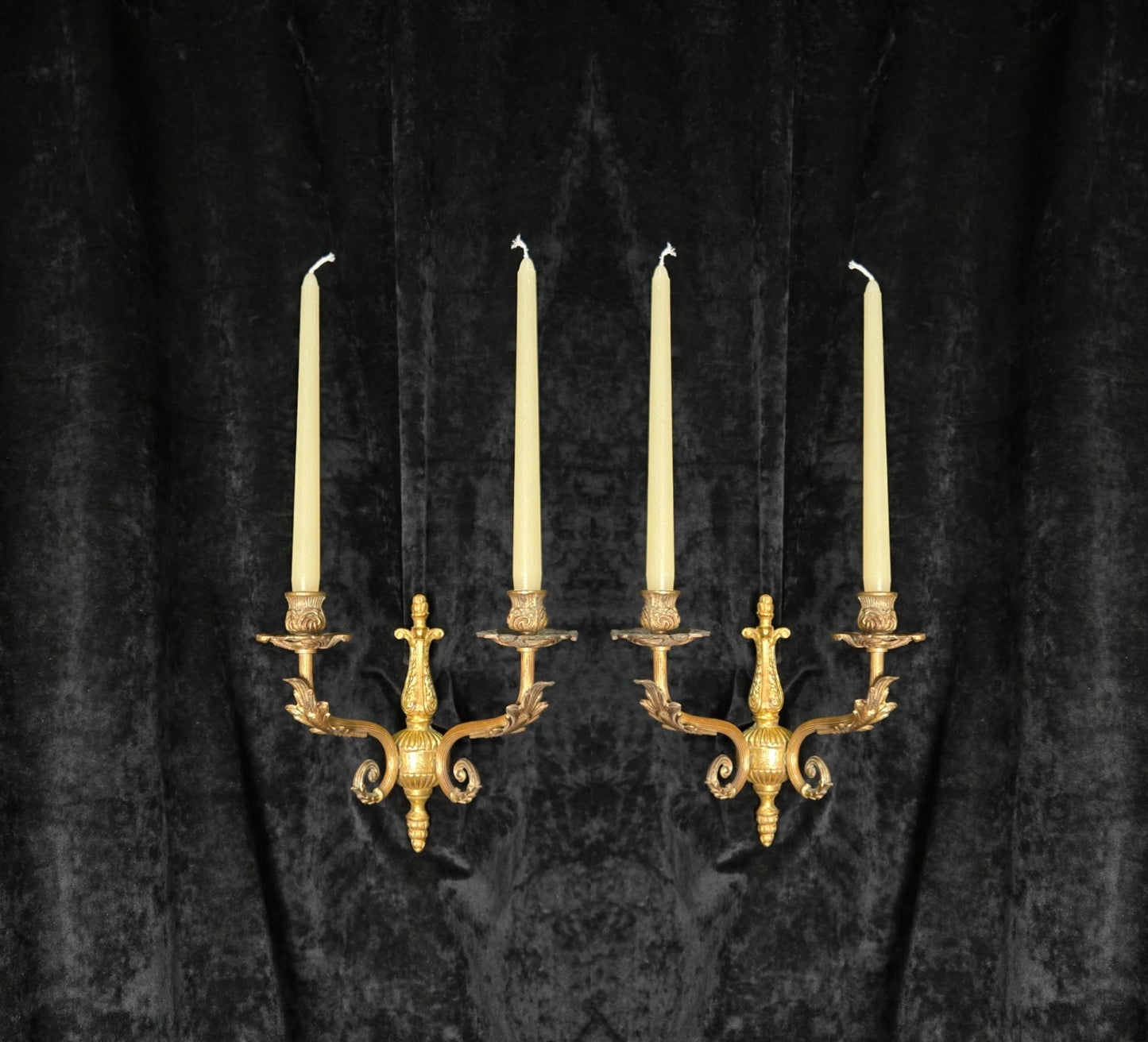 Decorative Pair of Antique French 2 Arm Solid Brass Candle Wall Lights Sconces