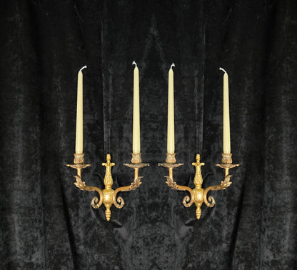 Decorative Pair of Antique French 2 Arm Solid Brass Candle Wall Lights Sconces