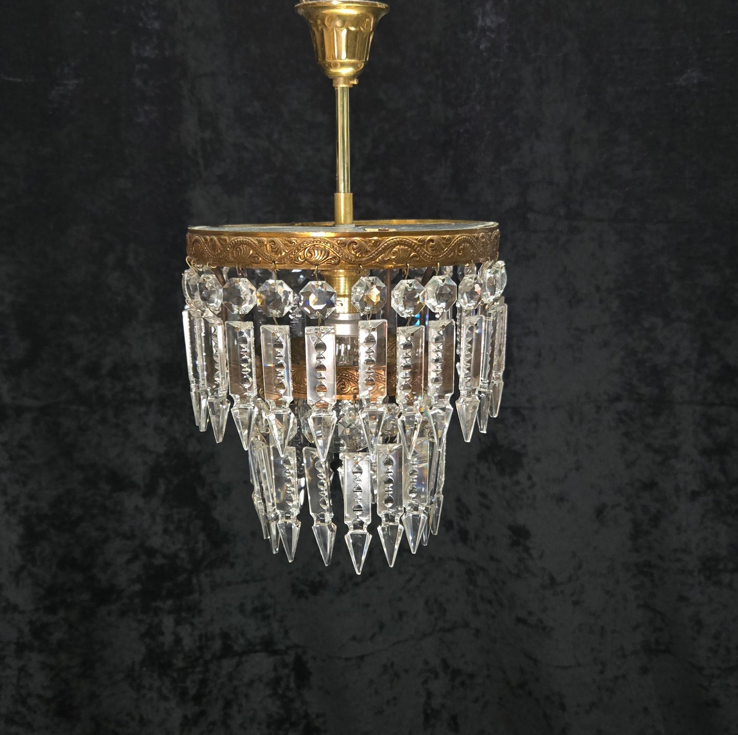 Beautiful Vintage French 2 Tier Waterfall Crystal Brass 1 Light Flush Chandelier