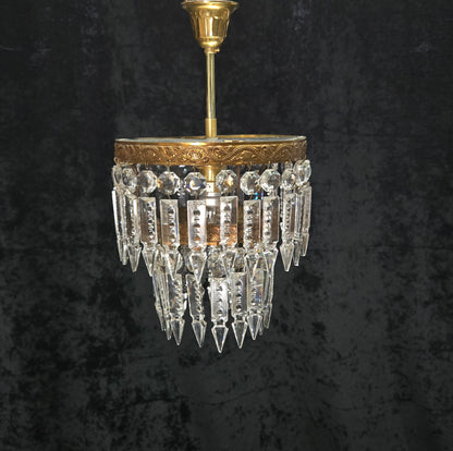 Beautiful Vintage French 2 Tier Waterfall Crystal Brass 1 Light Flush Chandelier